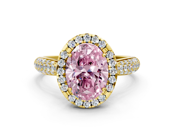 Yellow gold Fancy Pink Oval  Cut Halo Pave Band Four-Prong Setting Ring