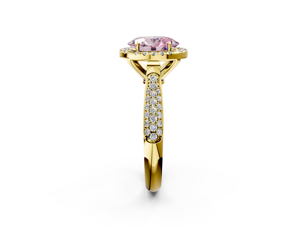 Yellow gold Fancy Pink Oval  Cut Halo Pave Band Four-Prong Setting Ring