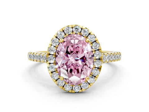 Yellow gold Fancy Pink Oval Cut Halo Pave Diamond Engagement Ring with Four-Prong Setting