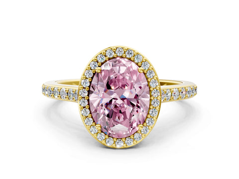 Yellow gold Fancy Pink Oval Cut Halo Round Diamond Pavé Band with Four-Prong Setting_3