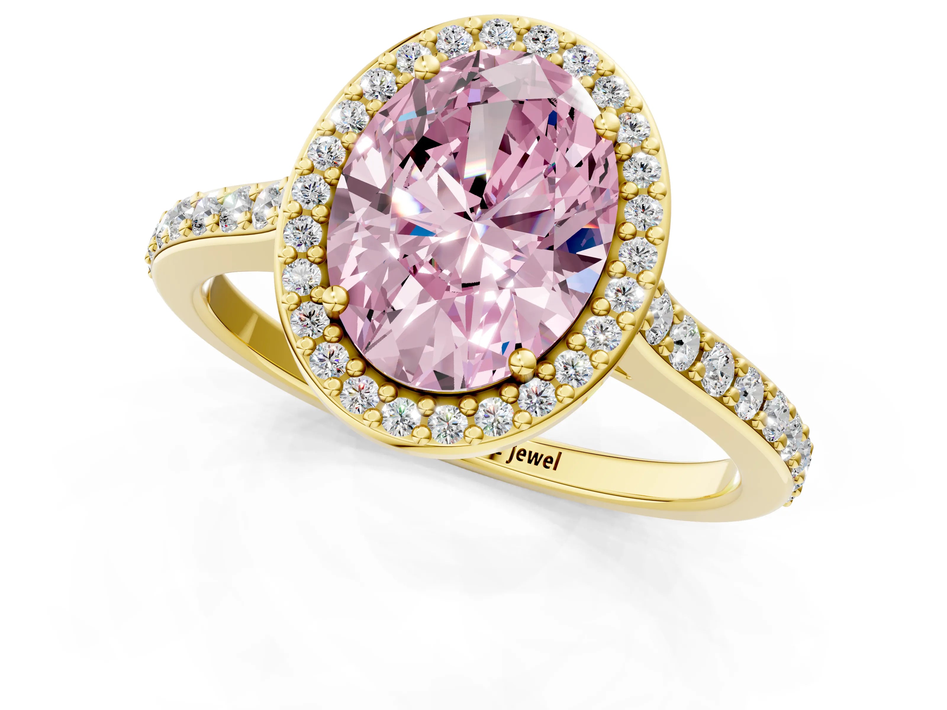 Yellow gold Fancy Pink Oval Cut Halo Round Diamond Pavé Band with Four-Prong Setting_4
