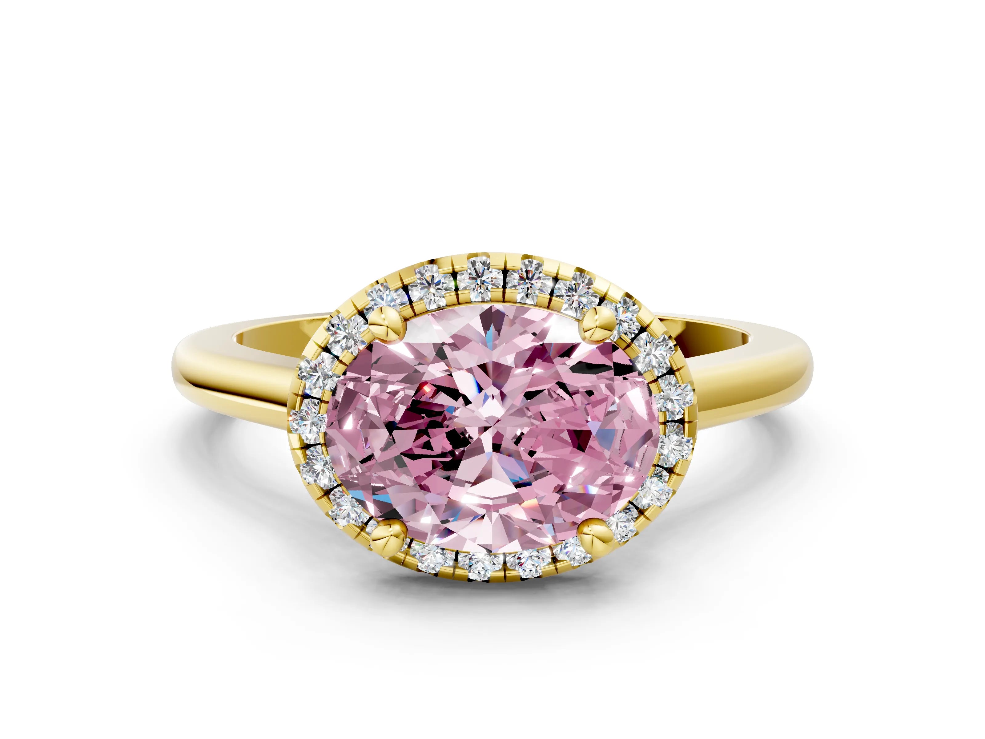 Yellow gold Fancy Pink Oval Cut Halo Round Diamond Solitaire Engagement Ring with Pave Band and Four-Prong Setting_12