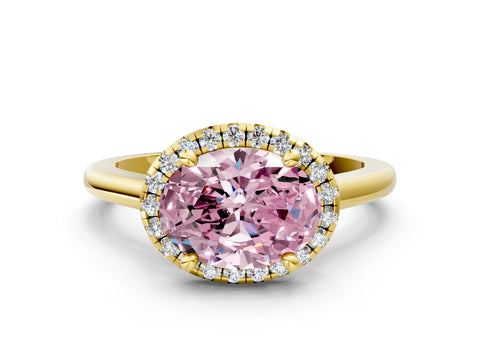 Yellow gold Fancy Pink Oval Cut Halo Round Diamond Solitaire Engagement Ring with Pave Band and Four-Prong Setting_12
