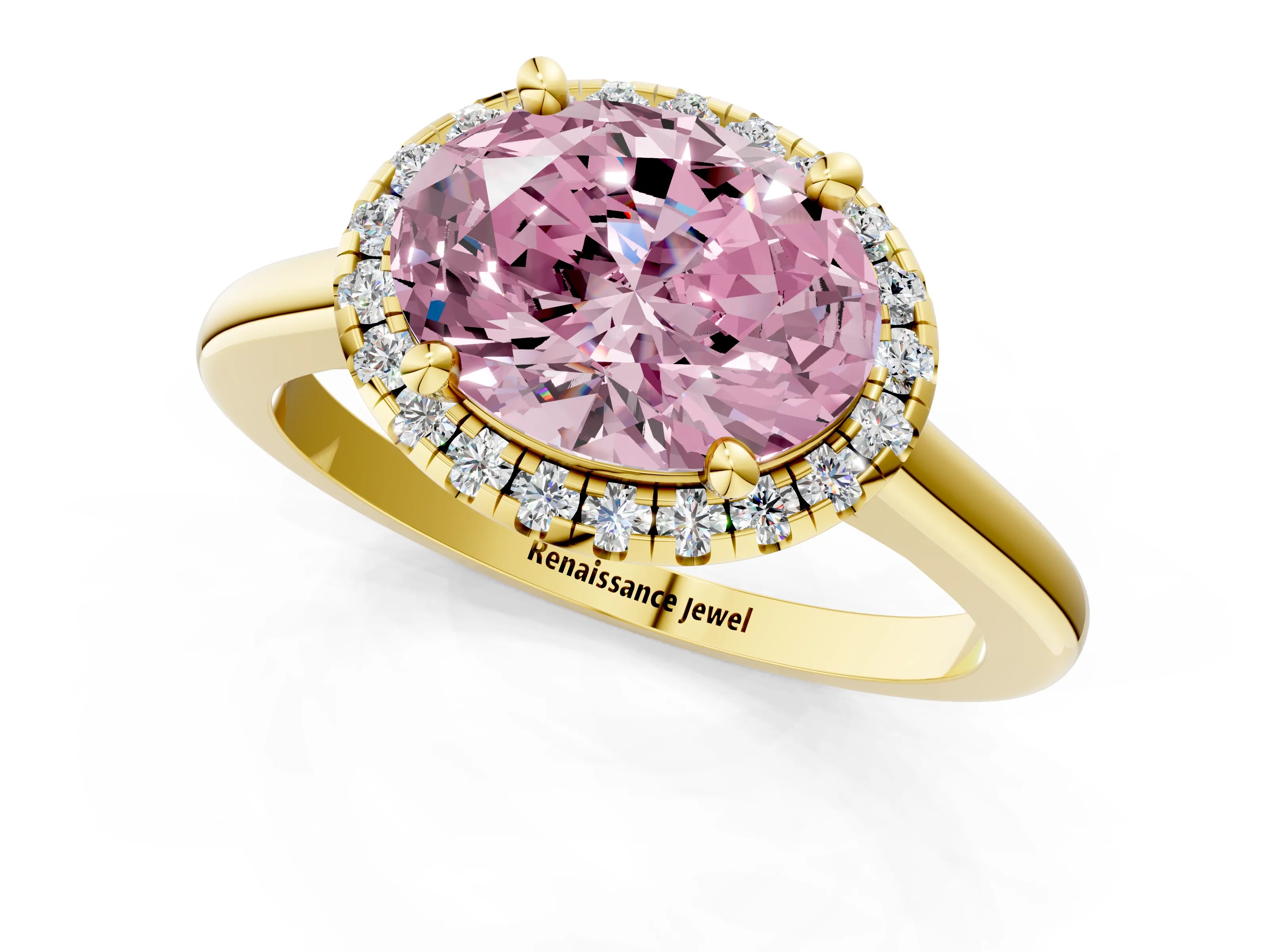 Yellow gold Fancy Pink Oval Cut Halo Round Diamond Solitaire Engagement Ring with Pave Band and Four-Prong Setting_13