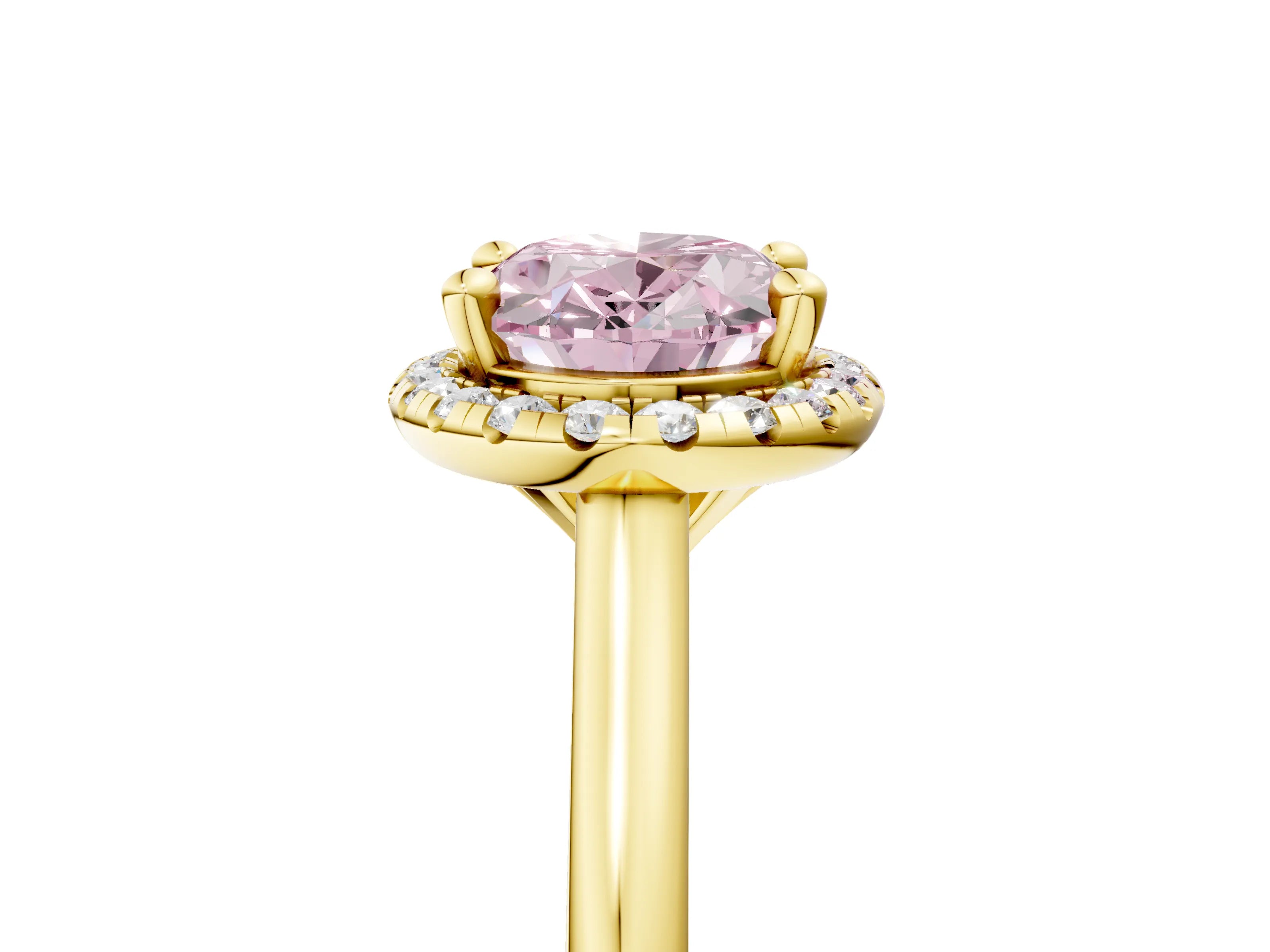 Yellow gold Fancy Pink Oval Cut Halo Round Diamond Solitaire Engagement Ring with Pave Band and Four-Prong Setting_17