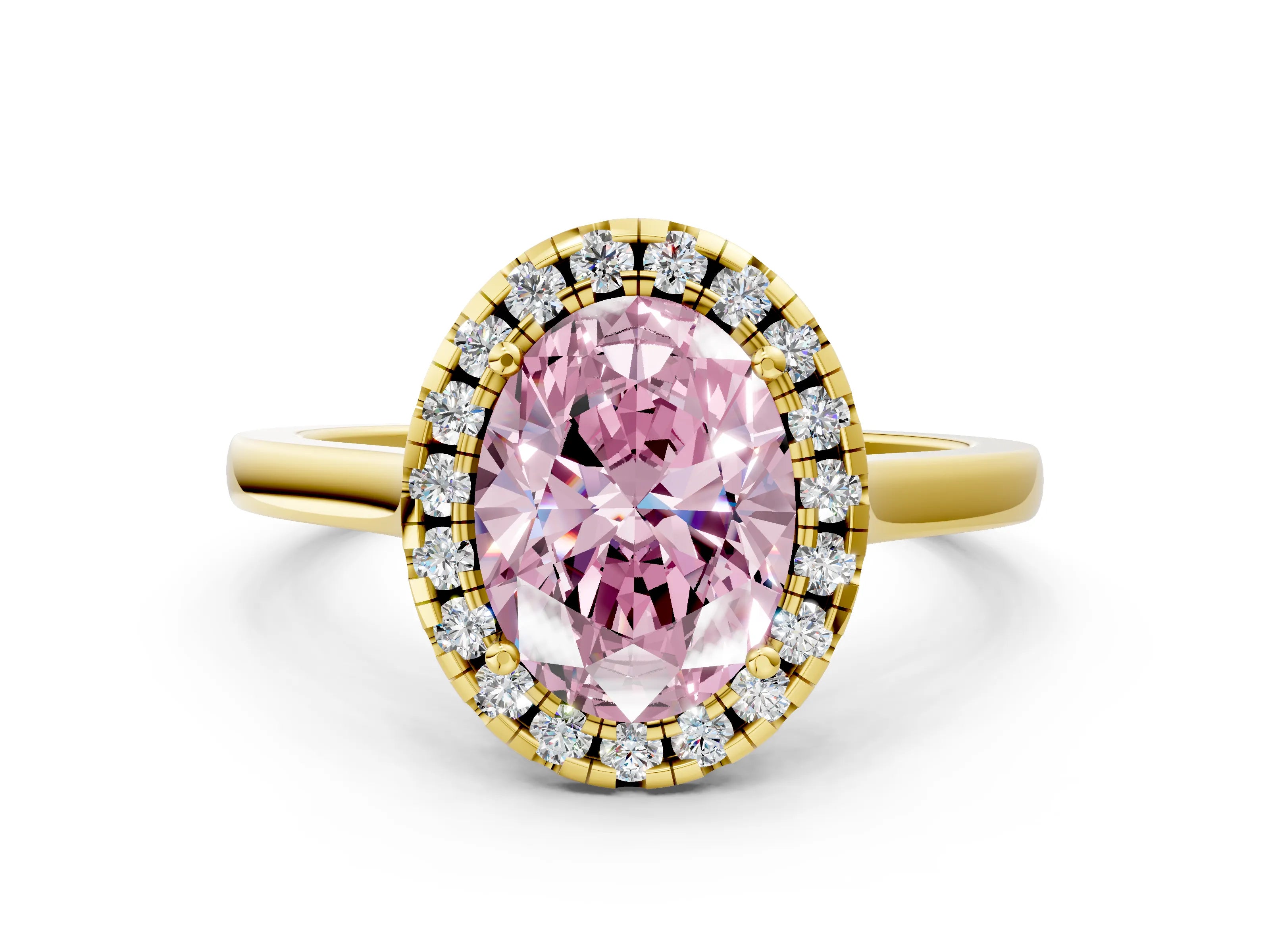 Yellow gold Fancy Pink Oval Cut Halo Round Diamond Solitaire Ring with Pavé Band and Four-Prong Setting