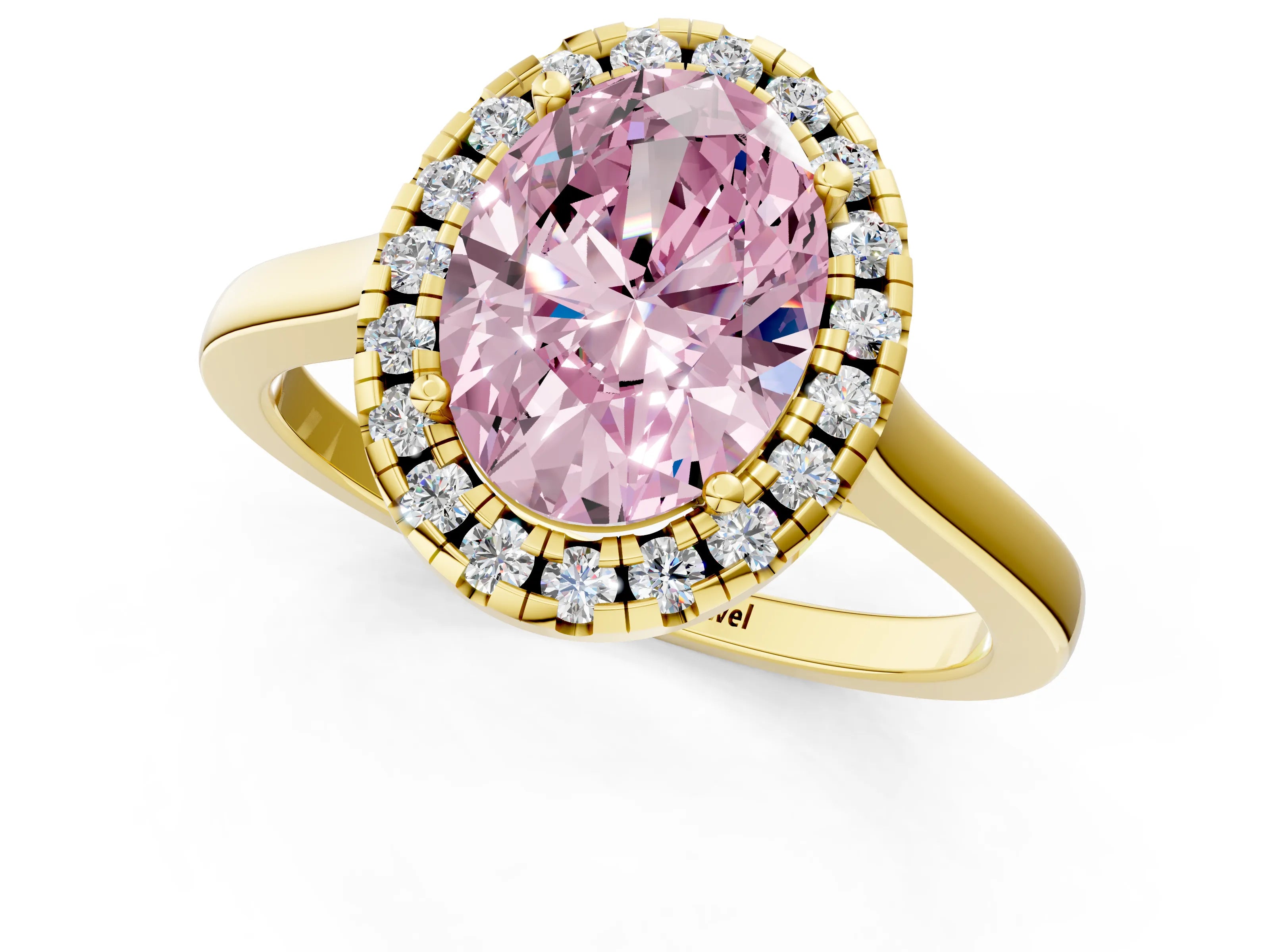 Yellow gold Fancy Pink Oval Cut Halo Round Diamond Solitaire Ring with Pavé Band and Four-Prong Setting_1