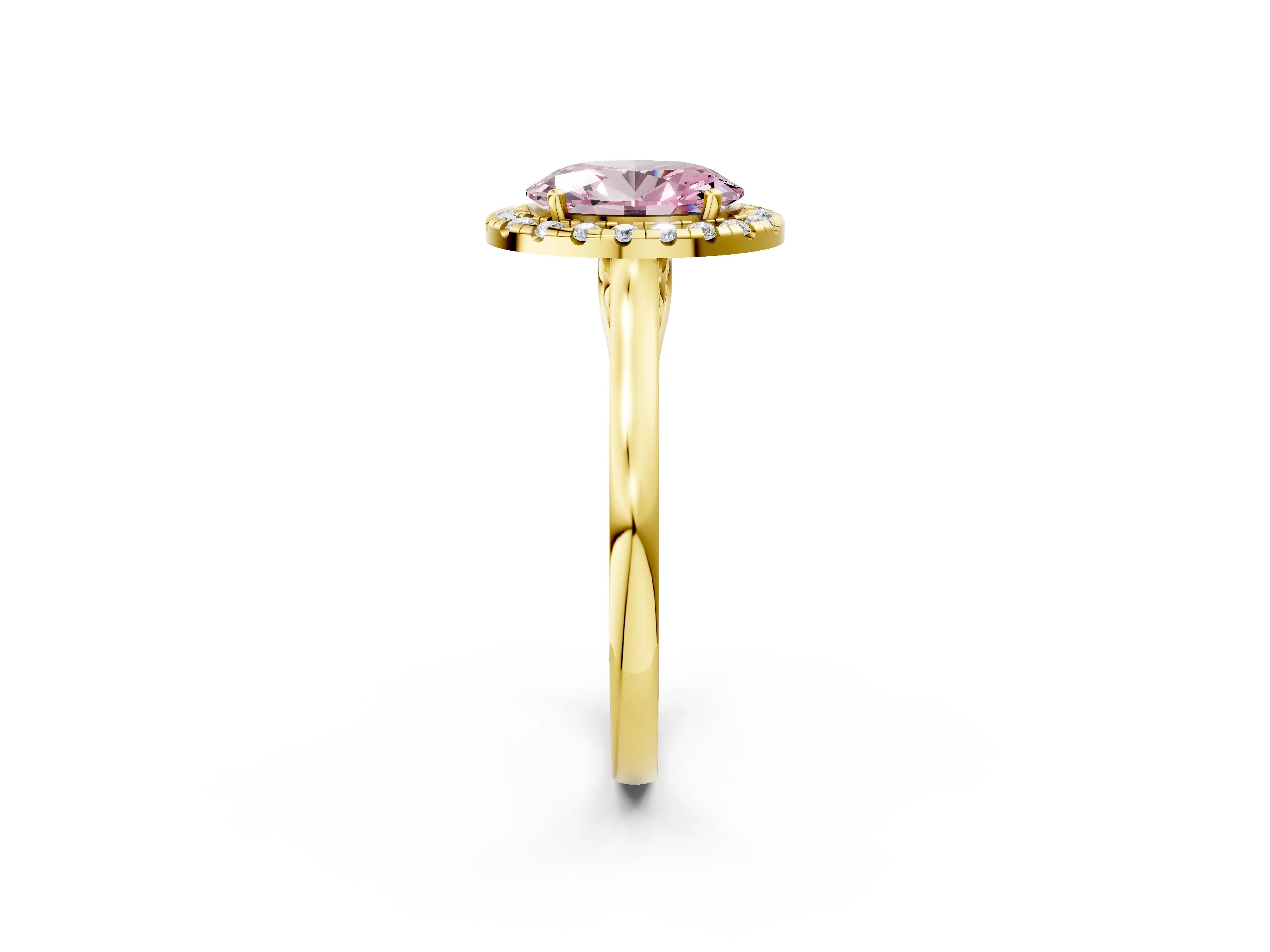 Yellow gold Fancy Pink Oval Cut Halo Round Diamond Solitaire Ring with Pavé Band and Four-Prong Setting_2