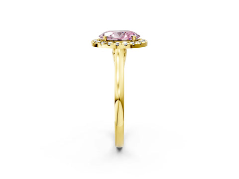 Yellow gold Fancy Pink Oval Cut Halo Round Diamond Solitaire Ring with Pavé Band and Four-Prong Setting_2