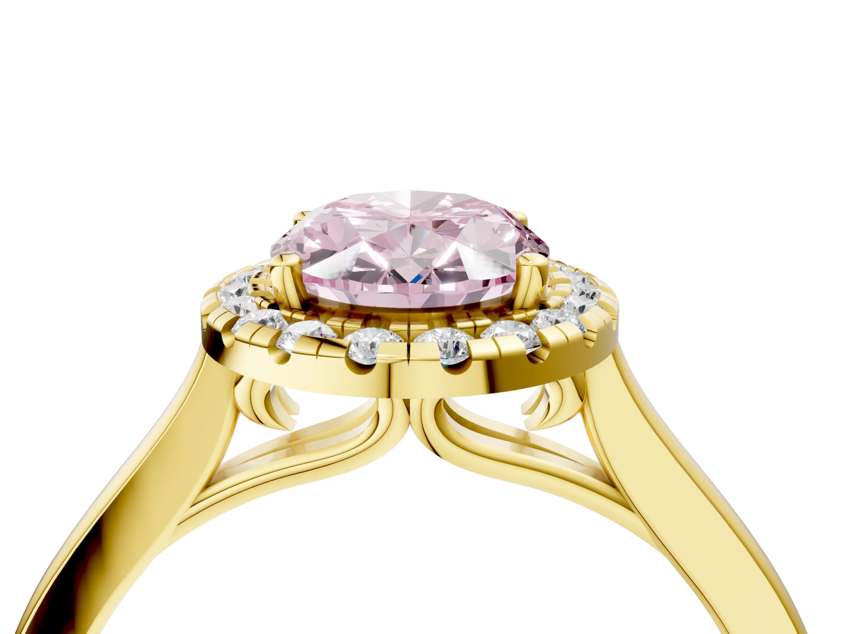 Yellow gold Fancy Pink Oval Cut Halo Round Diamond Solitaire Ring with Pavé Band and Four-Prong Setting_4