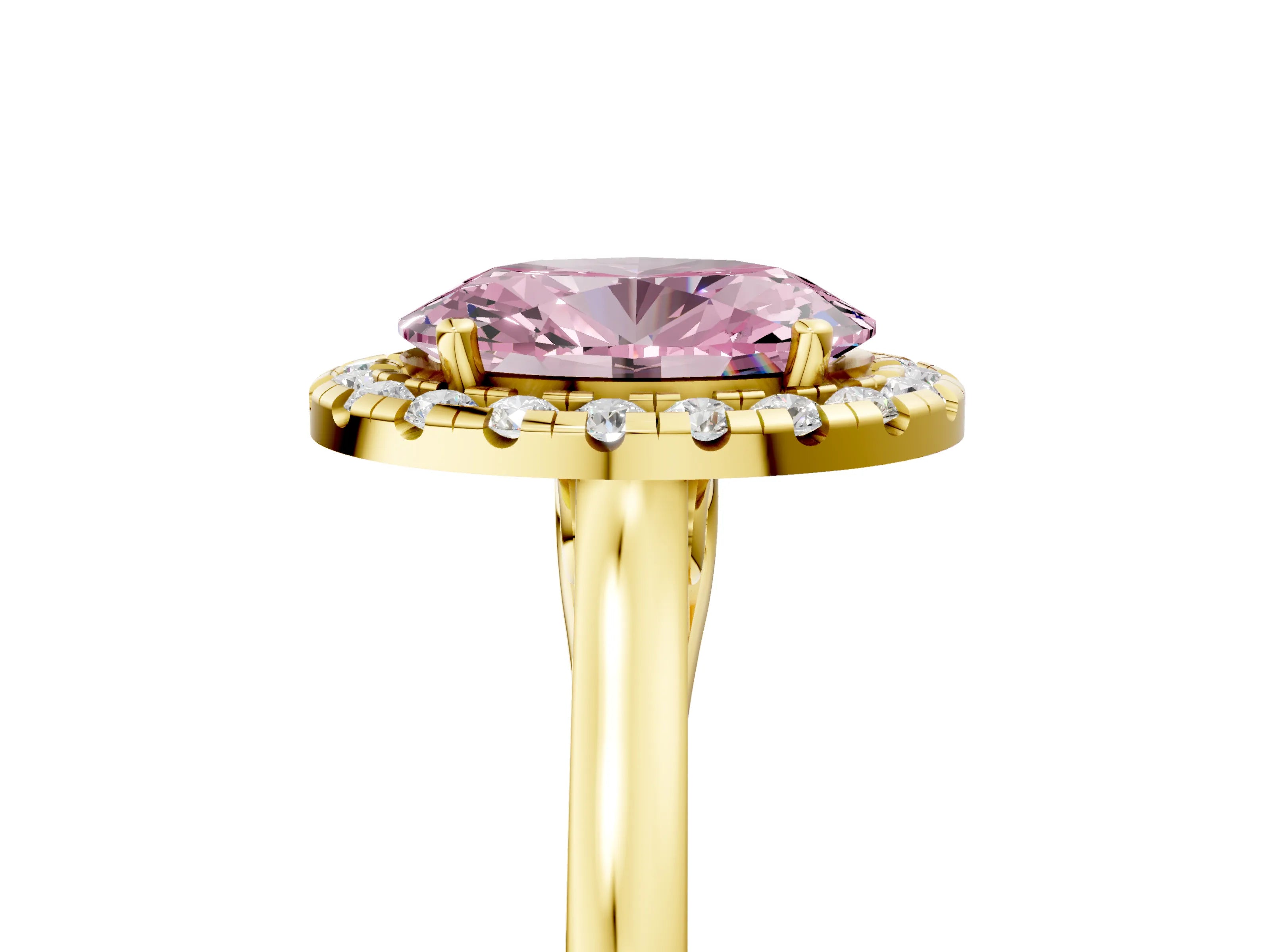 Yellow gold Fancy Pink Oval Cut Halo Round Diamond Solitaire Ring with Pavé Band and Four-Prong Setting_5