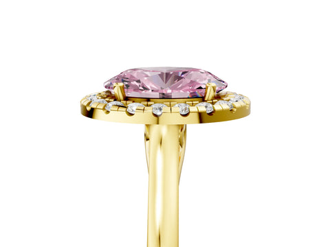 Yellow gold Fancy Pink Oval Cut Halo Round Diamond Solitaire Ring with Pavé Band and Four-Prong Setting_5