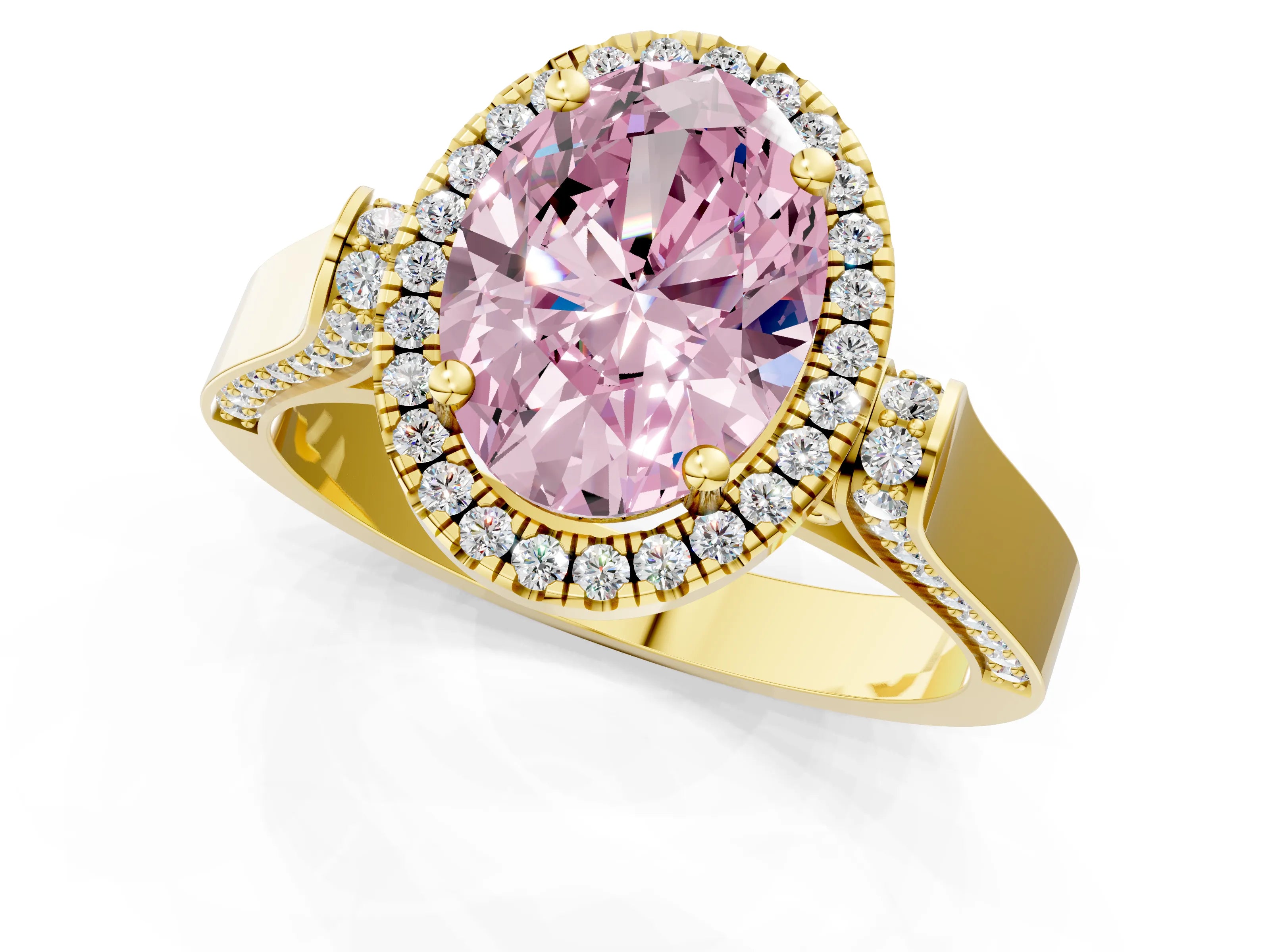 Yellow gold Fancy Pink Oval Cut Halo Round Diamond Twist Band with Four-Prong Setting_1
