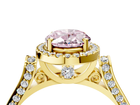 Yellow gold Fancy Pink Oval Cut Halo Round Diamond Twist Band with Four-Prong Setting_4