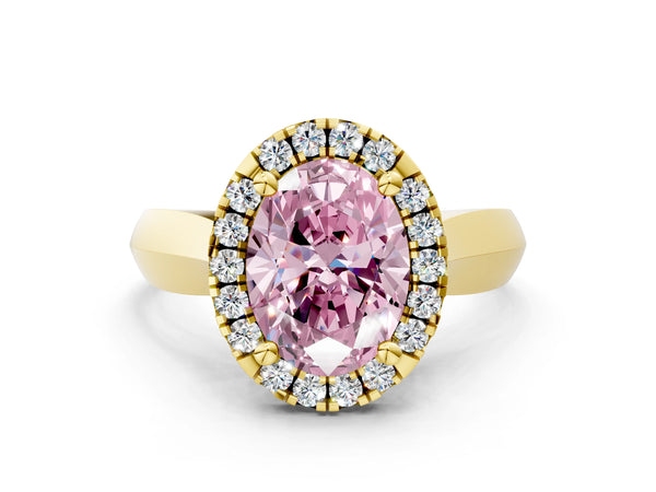 Yellow gold Fancy Pink Oval  Cut Halo Solitaire Engagement Ring with Square Band and Four-Prong Setting