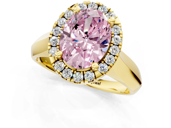 Yellow gold Fancy Pink Oval  Cut Halo Solitaire Engagement Ring with Square Band and Four-Prong Setting