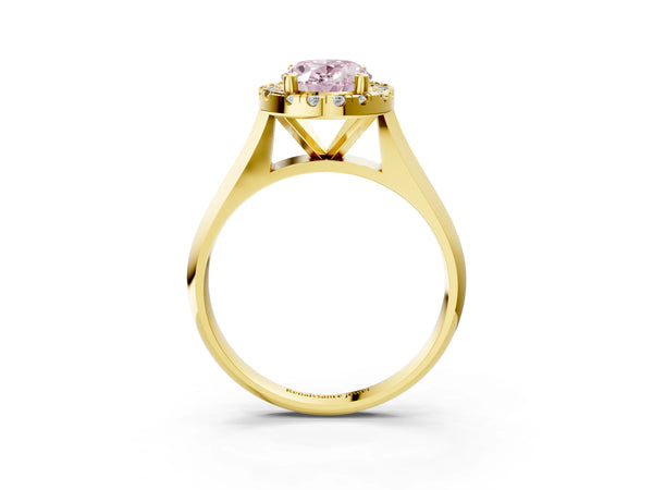 Yellow gold Fancy Pink Oval  Cut Halo Solitaire Engagement Ring with Square Band and Four-Prong Setting