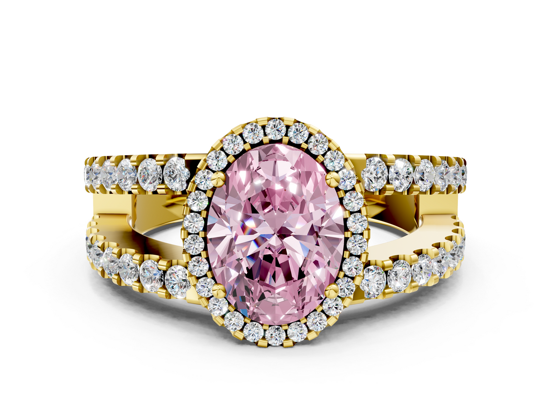 Yellow gold Fancy Pink Oval  Cut Halo Split Shank Diamond Ring with Four-Prong Setting_45