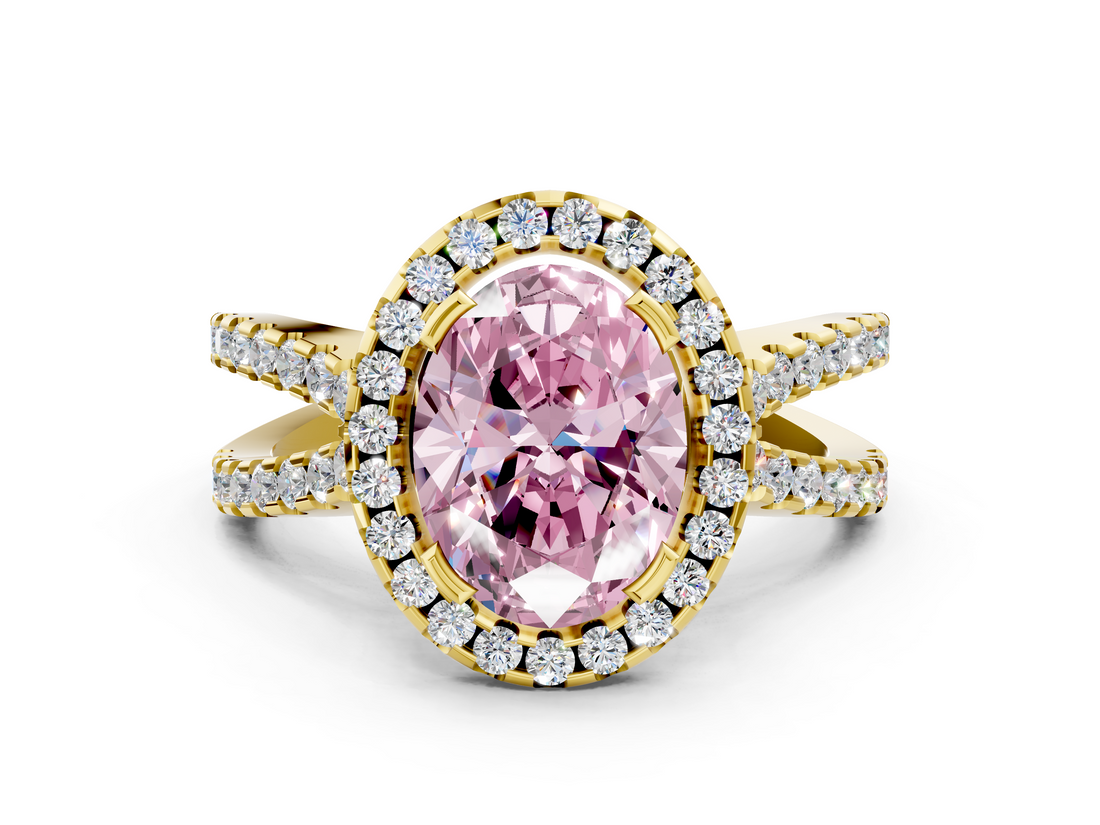 Yellow gold Fancy Pink Oval  Cut Halo Split Shank Pave Set Ring_62