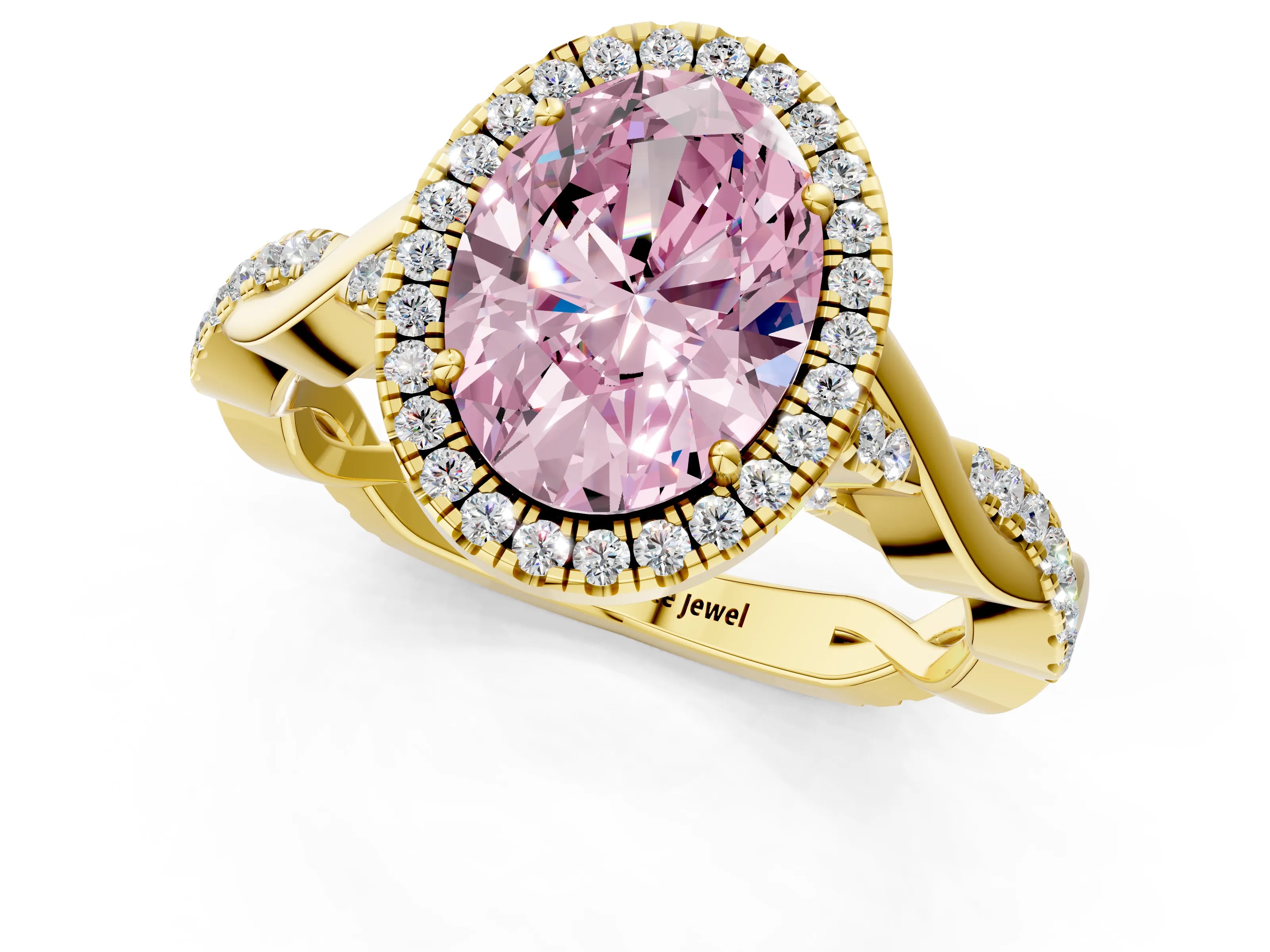 Yellow gold Fancy Pink Oval Cut Halo Twist Band with Four-Prong Setting_1