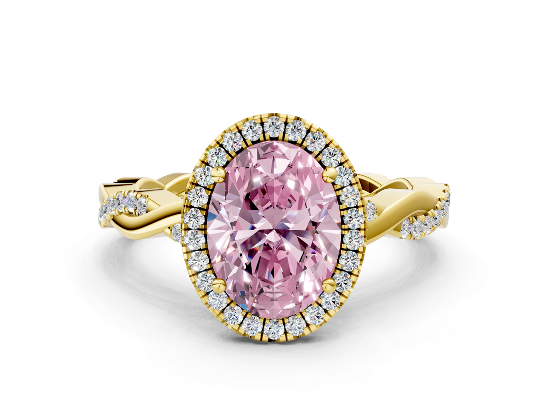 Yellow gold Fancy Pink Oval  Cut Halo Twisted Band Four-Prong Ring_20