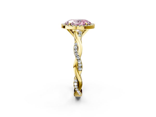 Yellow gold Fancy Pink Oval  Cut Halo Twisted Band Four-Prong Ring