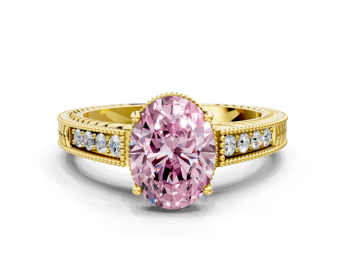 Yellow gold Fancy Pink Oval  Cut Milgrain Channel Set Engagement Ring with Solitaire Prong Setting_63