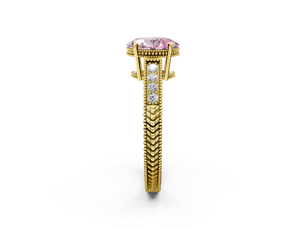 Yellow gold Fancy Pink Oval Cut Diamond Engagement Ring with Milgrain Channel Set Band and Prong Setting
