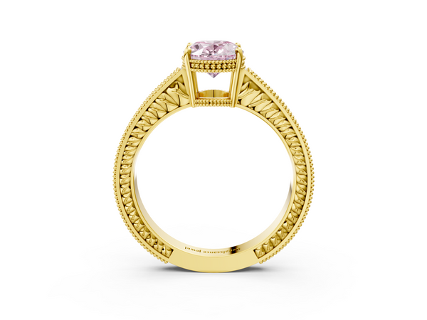 Yellow gold Fancy Pink Oval Cut Diamond Engagement Ring with Milgrain Channel Set Band and Prong Setting