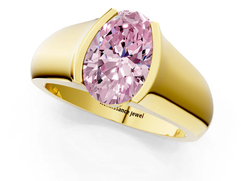 Yellow gold Fancy Pink Oval Cut Solitaire Bezel Set Diamond Ring with Wide Band_1