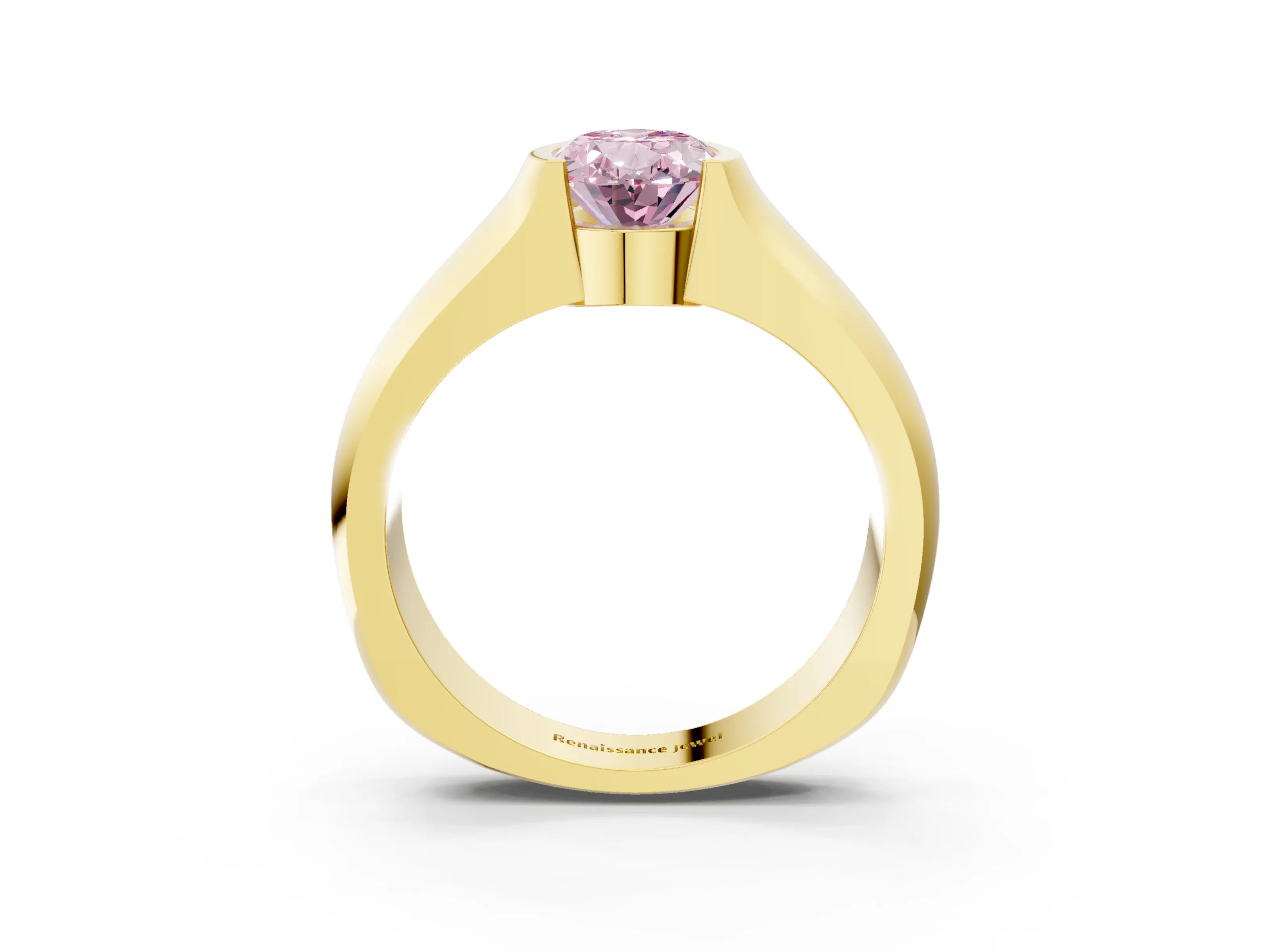 Yellow gold Fancy Pink Oval Cut Solitaire Bezel Set Diamond Ring with Wide Band_3