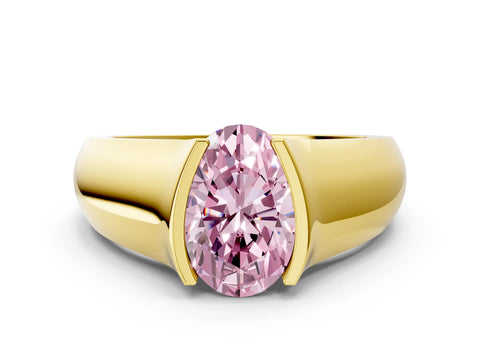Yellow gold Fancy Pink Oval Cut Solitaire Bezel Set Diamond Ring with Wide Band