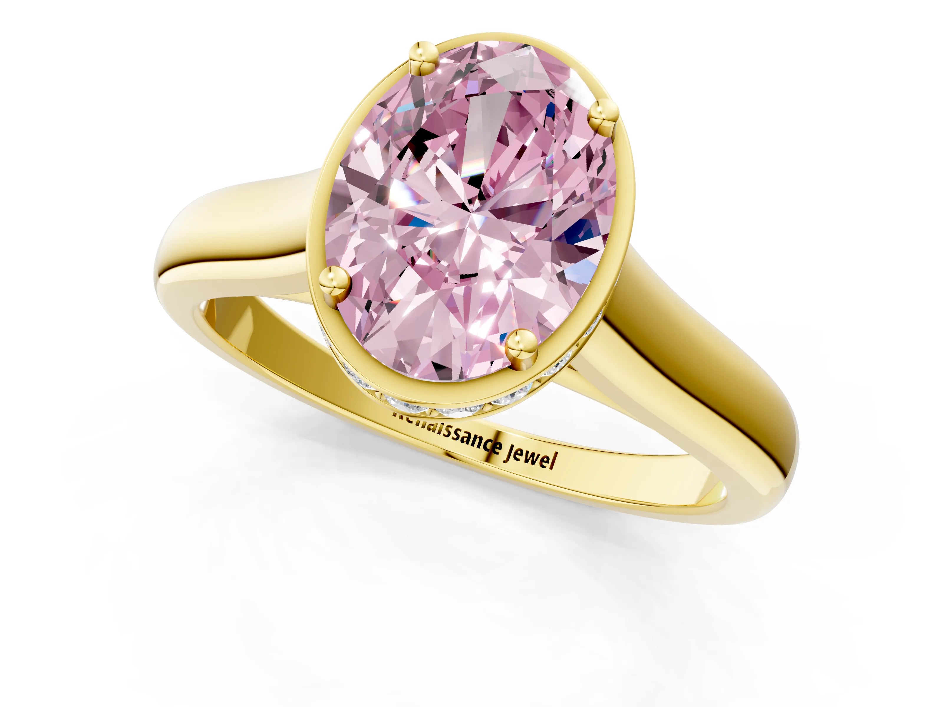 Yellow gold Fancy Pink Oval Cut Solitaire Diamond Engagement Ring with Four-Prong Setting and Tapered Band_1