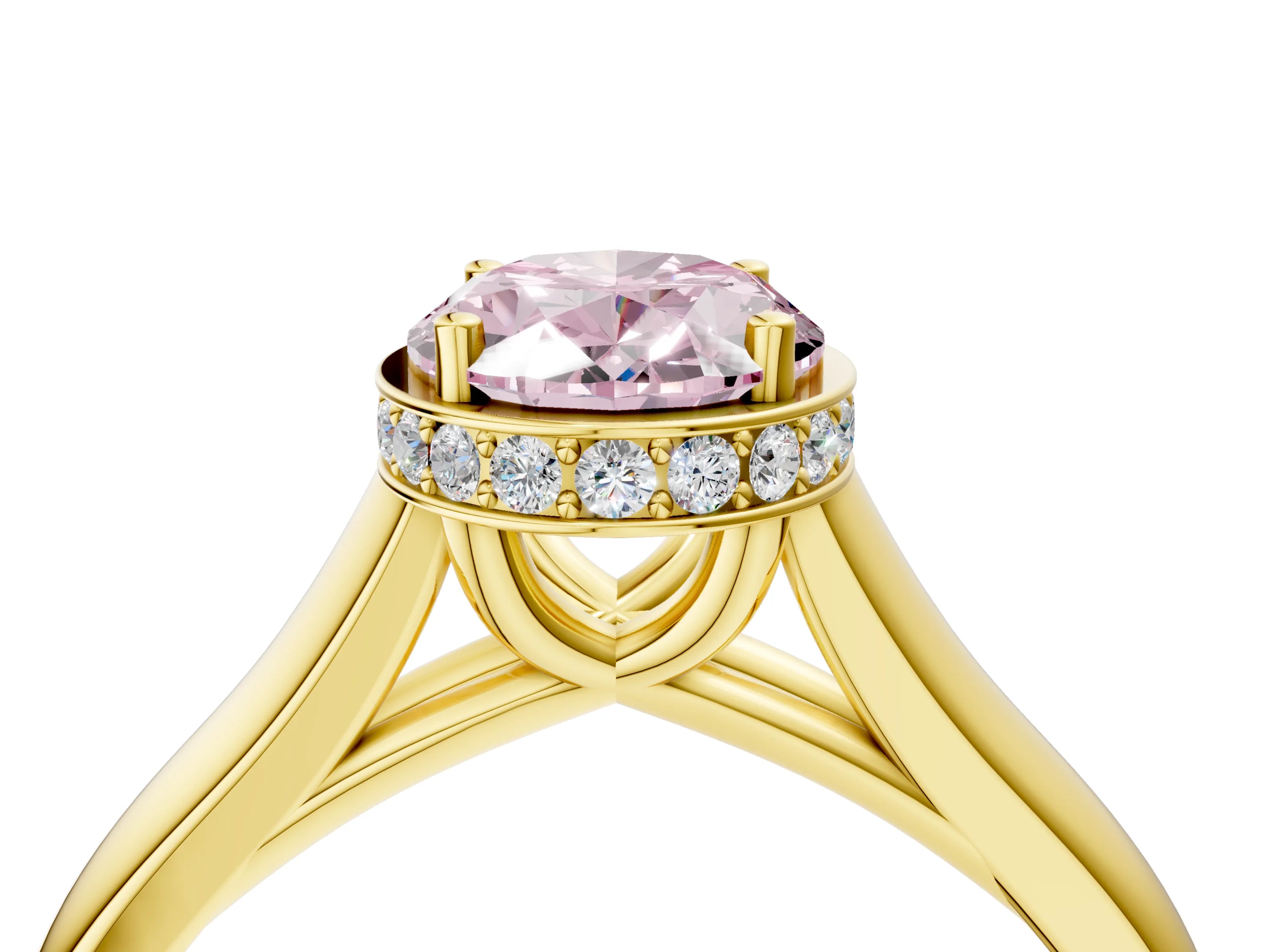 Yellow gold Fancy Pink Oval Cut Solitaire Diamond Engagement Ring with Four-Prong Setting and Tapered Band_4