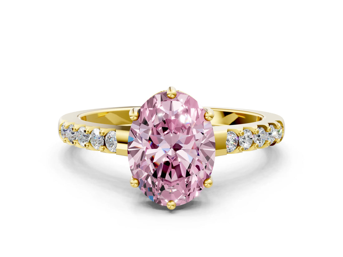 Yellow gold Fancy Pink Oval Cut Solitaire Diamond Engagement Ring with Pavé Band and Six-Prong Setting_12