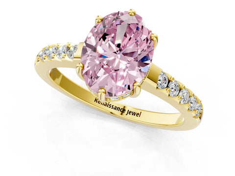 Yellow gold Fancy Pink Oval Cut Solitaire Diamond Engagement Ring with Pavé Band and Six-Prong Setting_13