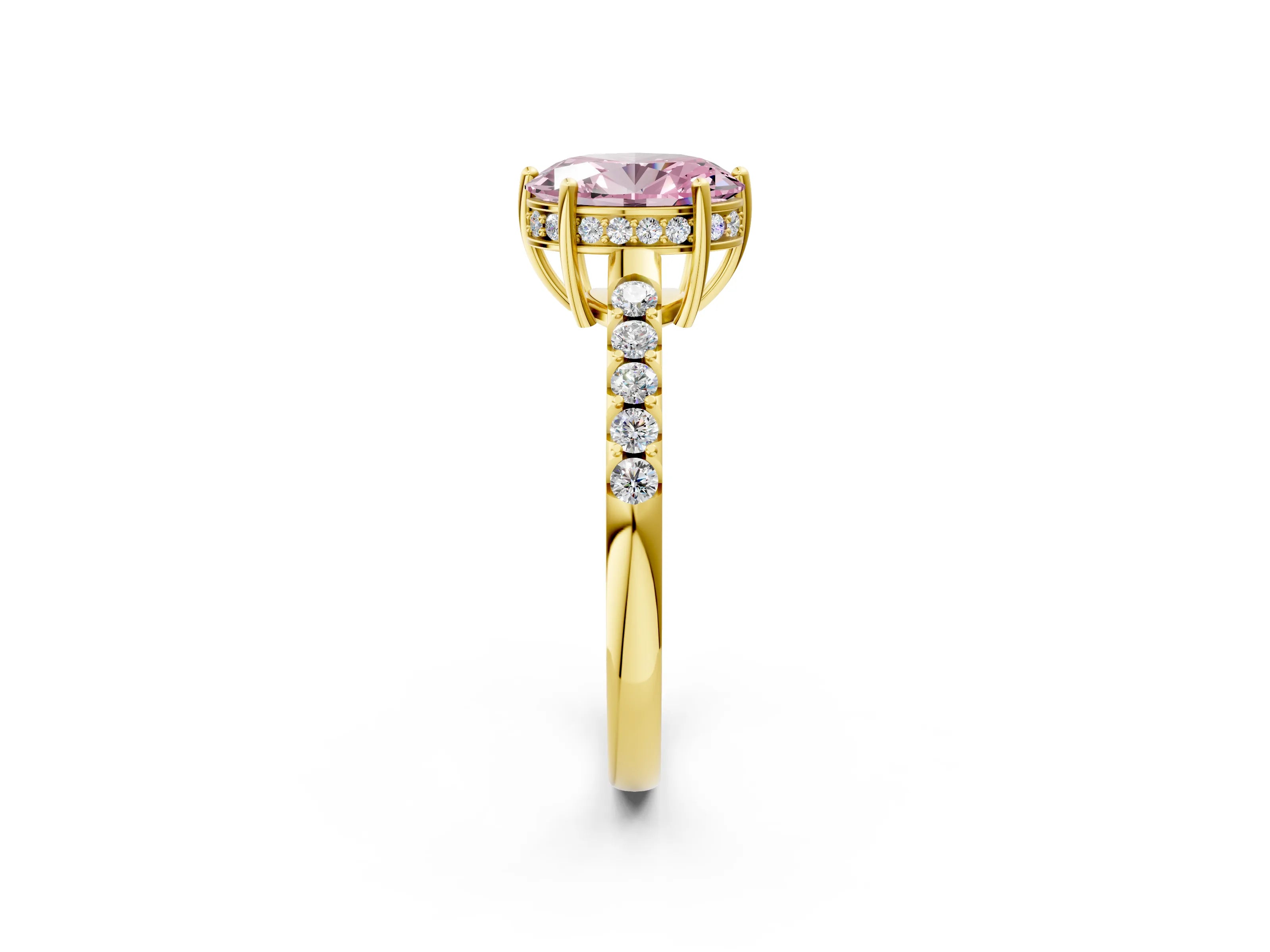 Yellow gold Fancy Pink Oval Cut Solitaire Diamond Engagement Ring with Pavé Band and Six-Prong Setting_14