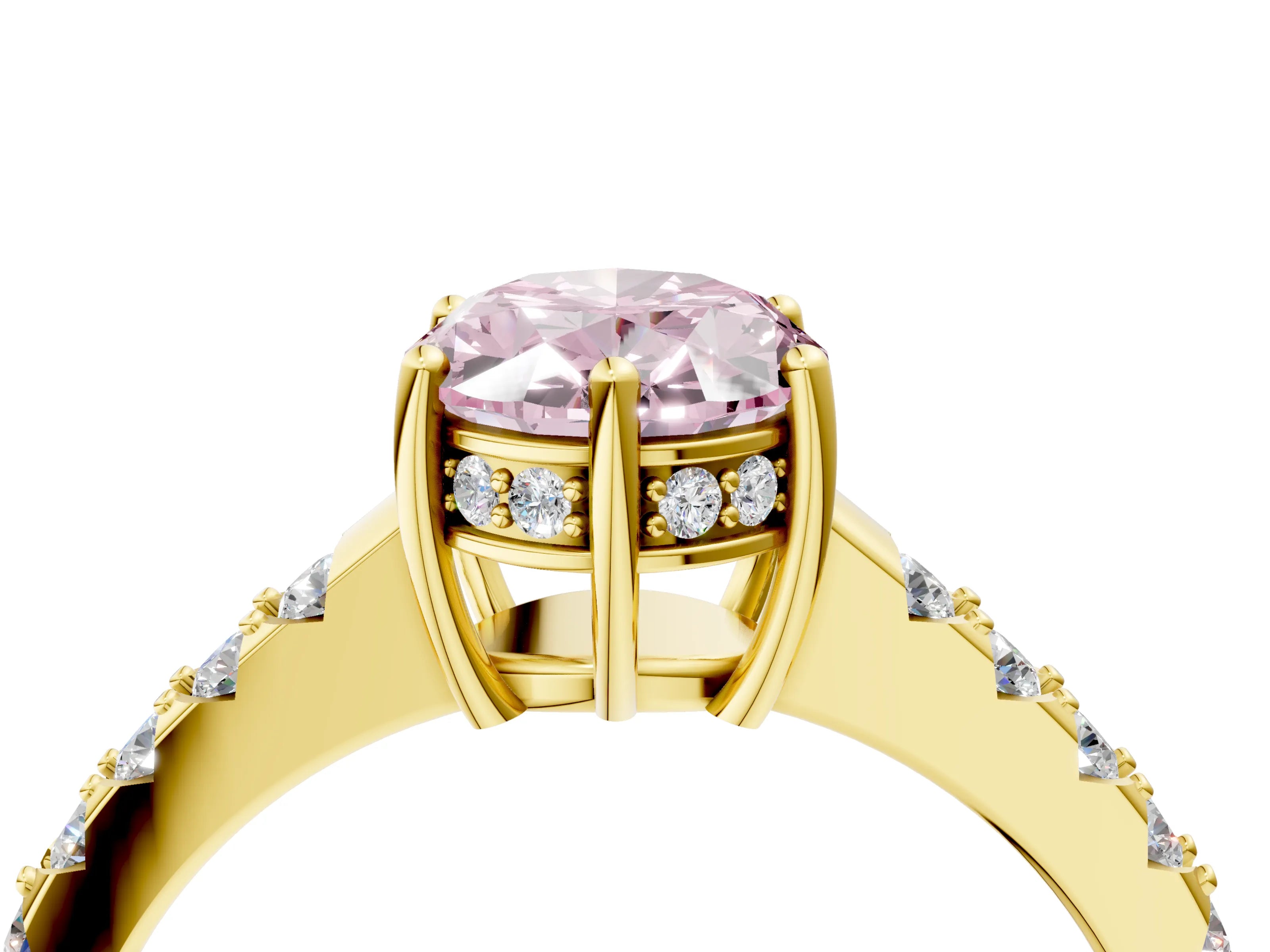 Yellow gold Fancy Pink Oval Cut Solitaire Diamond Engagement Ring with Pavé Band and Six-Prong Setting_16