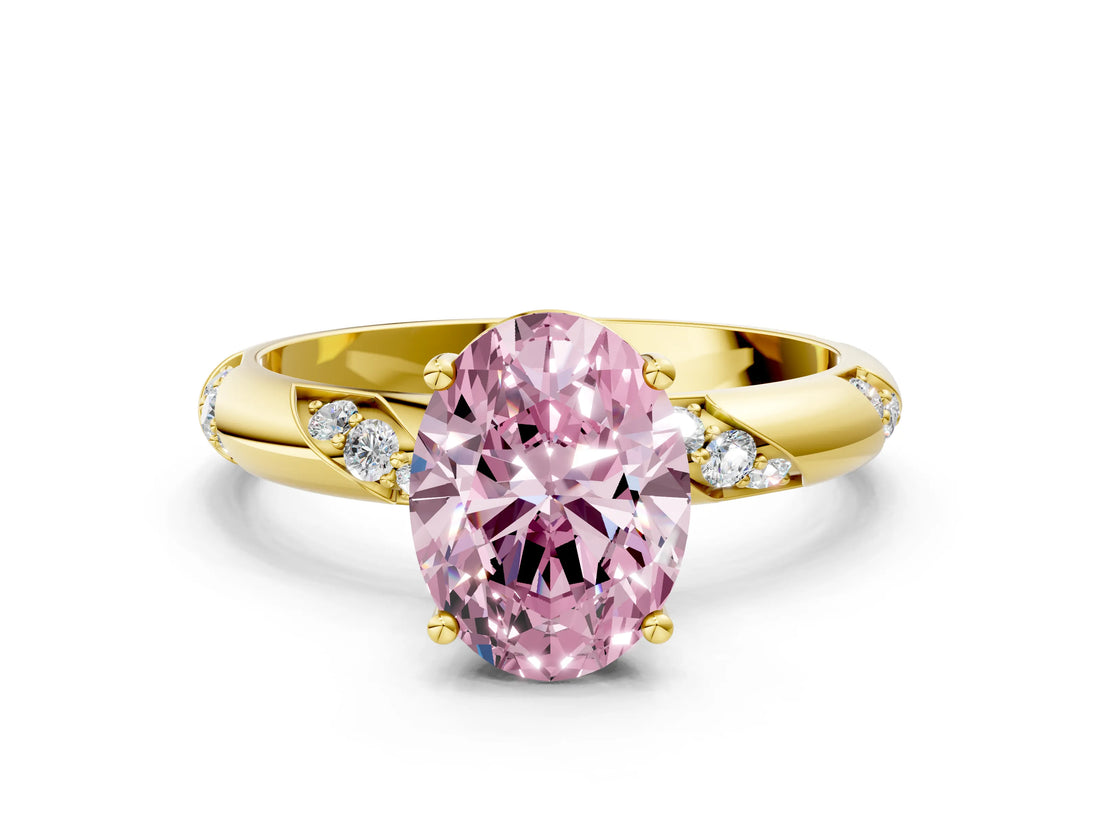 Yellow gold Fancy Pink Oval Cut Solitaire Diamond Engagement Ring with Twisted Pave Band and Four-Prong Setting_3