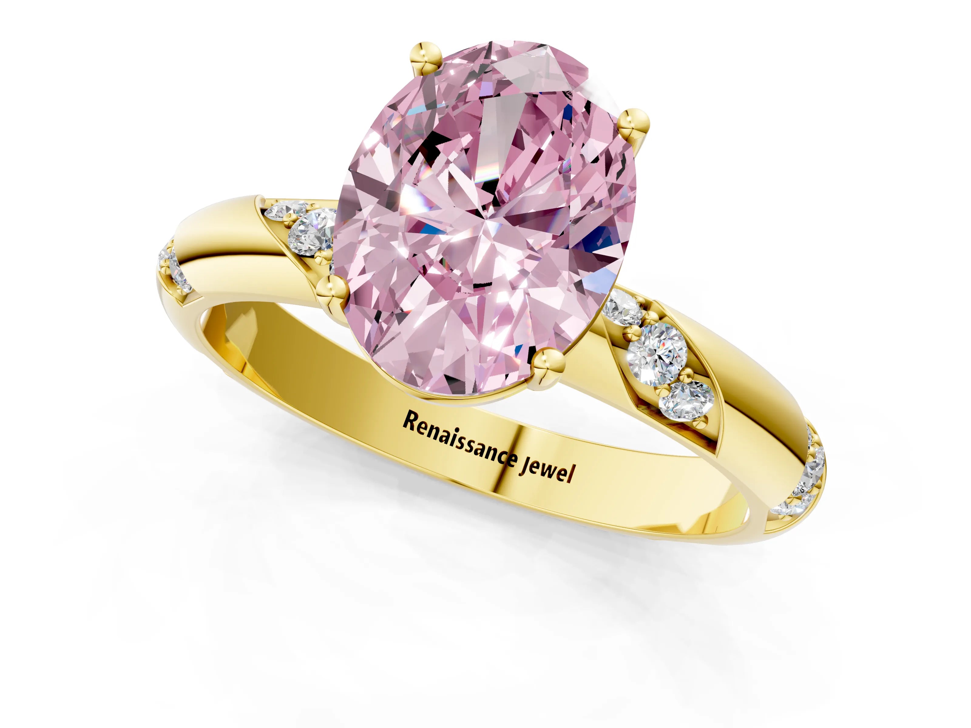 Yellow gold Fancy Pink Oval Cut Solitaire Diamond Engagement Ring with Twisted Pave Band and Four-Prong Setting_4