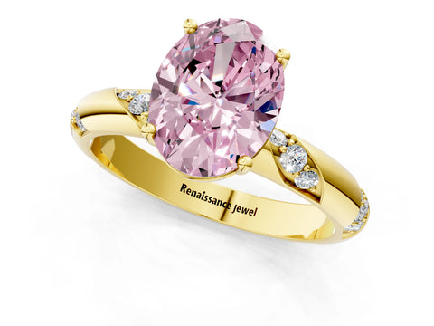Yellow gold Fancy Pink Oval Cut Solitaire Diamond Engagement Ring with Twisted Pave Band and Four-Prong Setting_4