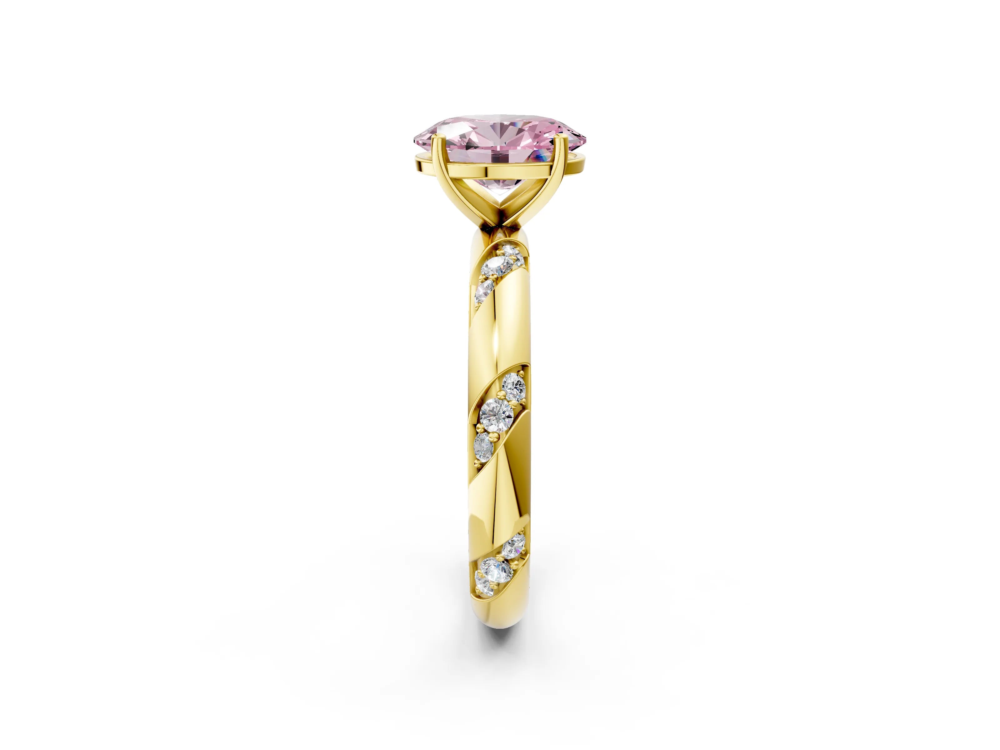Yellow gold Fancy Pink Oval Cut Solitaire Diamond Engagement Ring with Twisted Pave Band and Four-Prong Setting_5
