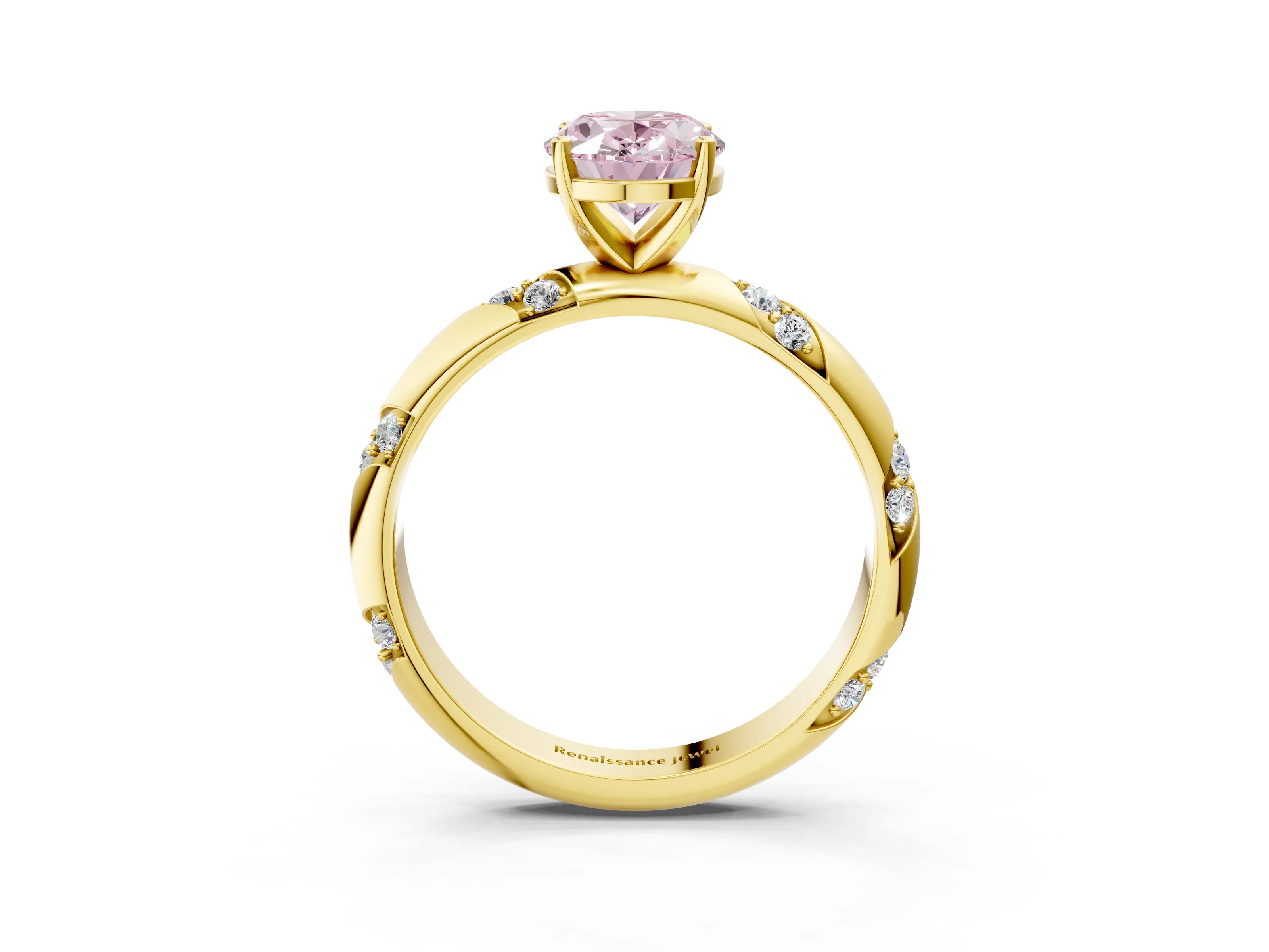 Yellow gold Fancy Pink Oval Cut Solitaire Diamond Engagement Ring with Twisted Pave Band and Four-Prong Setting_6