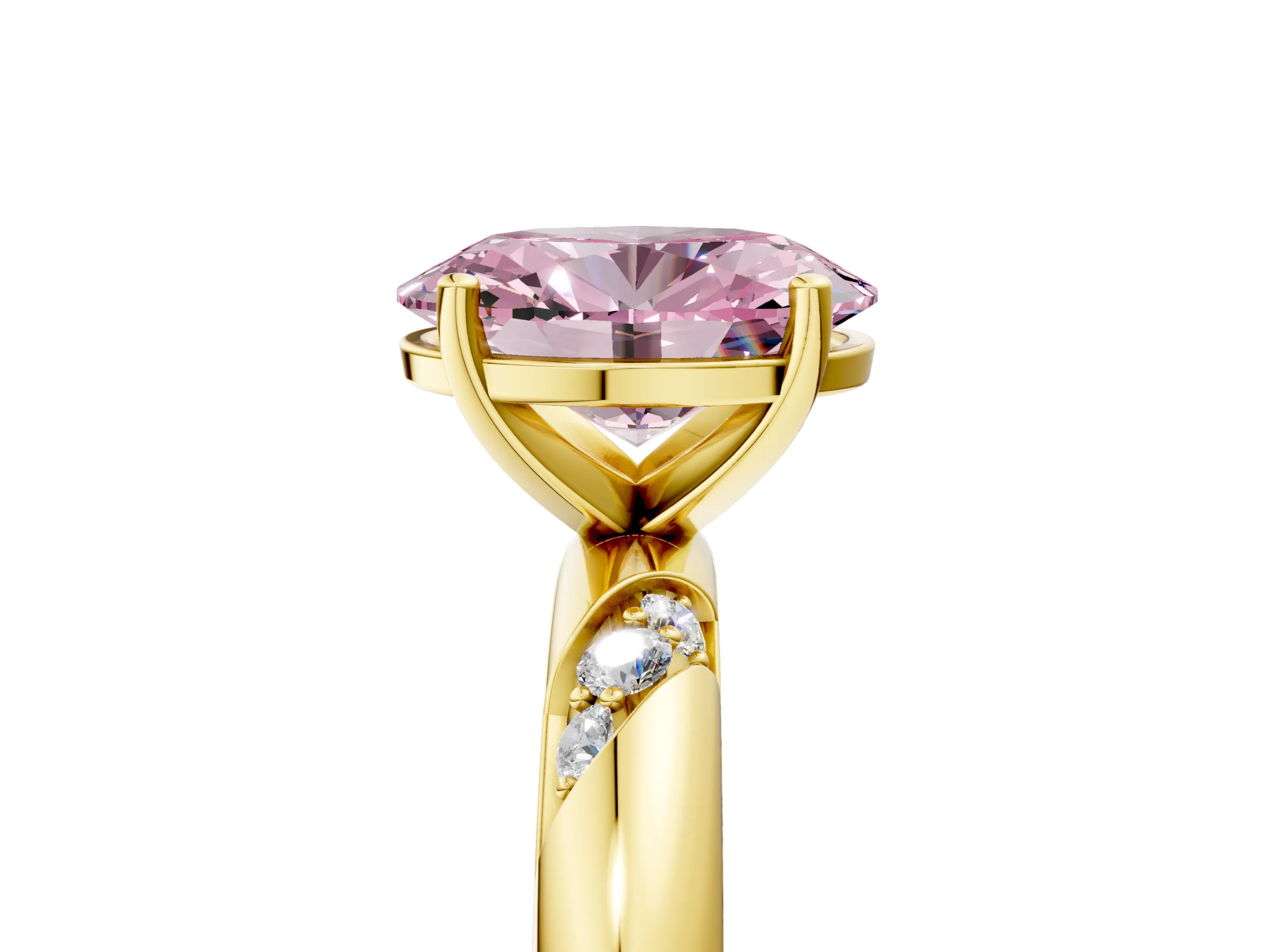 Yellow gold Fancy Pink Oval Cut Solitaire Diamond Engagement Ring with Twisted Pave Band and Four-Prong Setting_8