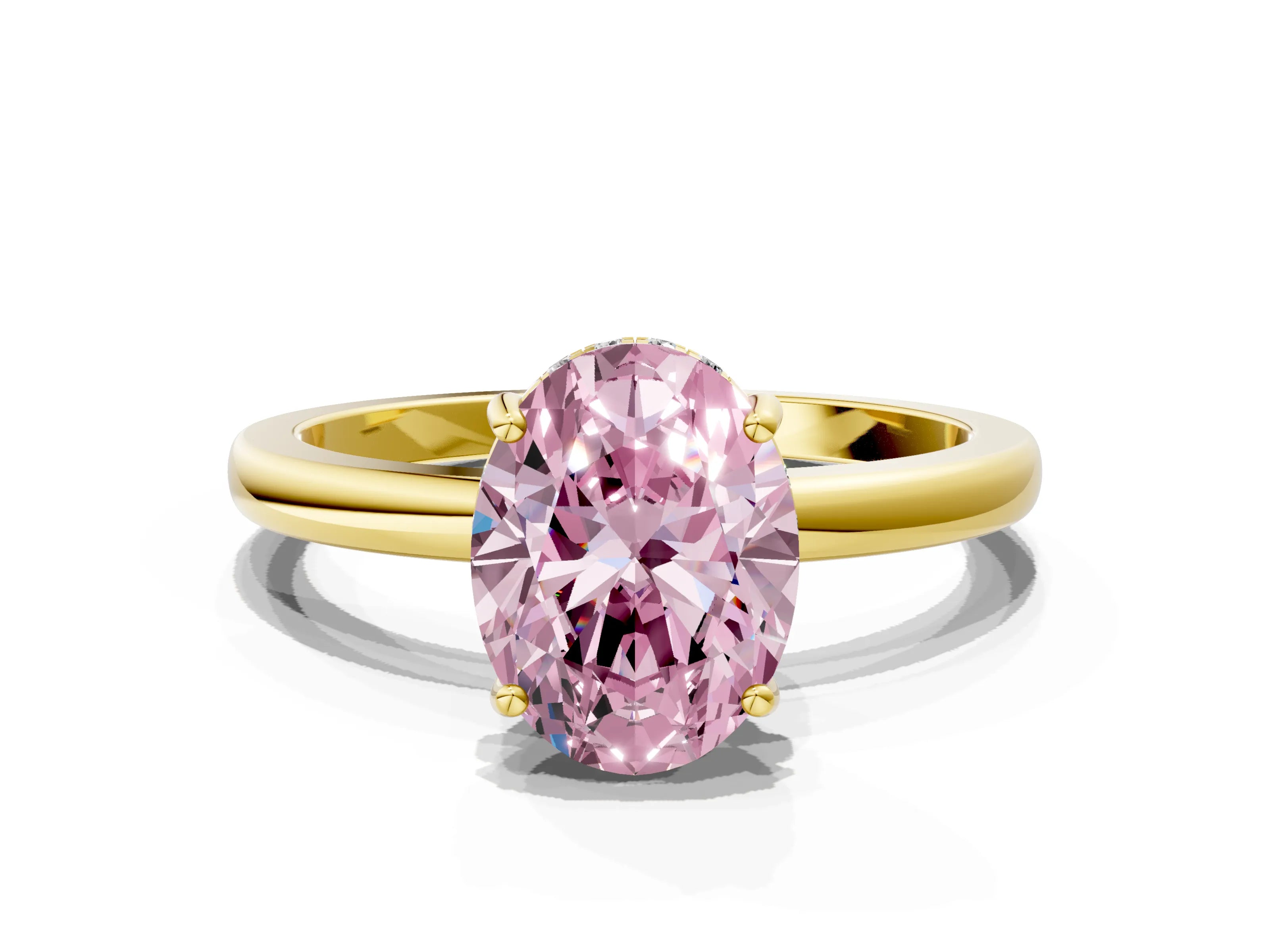 Yellow gold Fancy Pink Oval Cut Solitaire Diamond Ring with Prong Setting and Plain Band