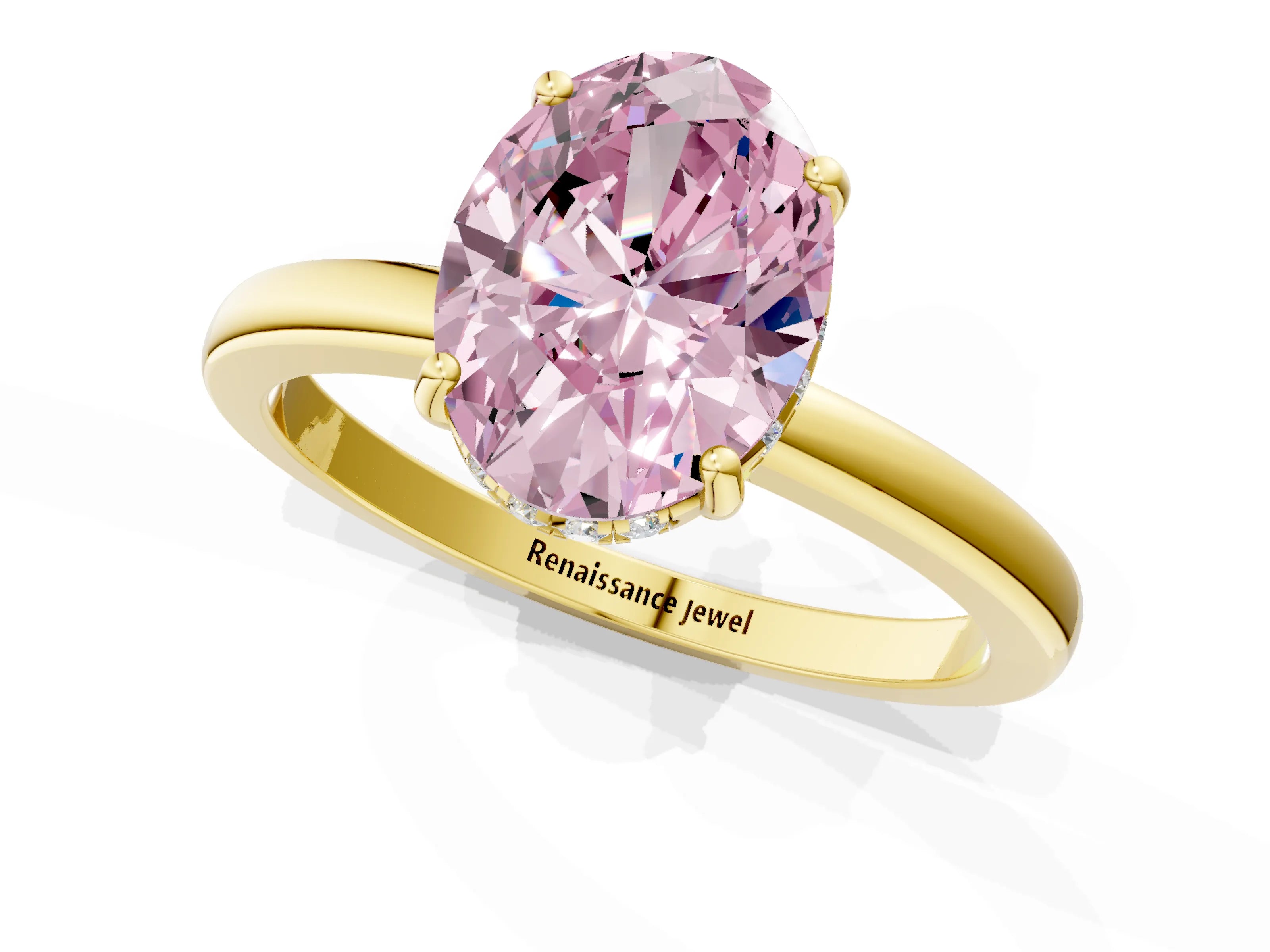 Yellow gold Fancy Pink Oval Cut Solitaire Diamond Ring with Prong Setting and Plain Band_1