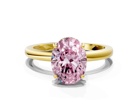 Yellow gold Fancy Pink Oval Cut Solitaire Diamond Ring with Prong Setting and Plain Band