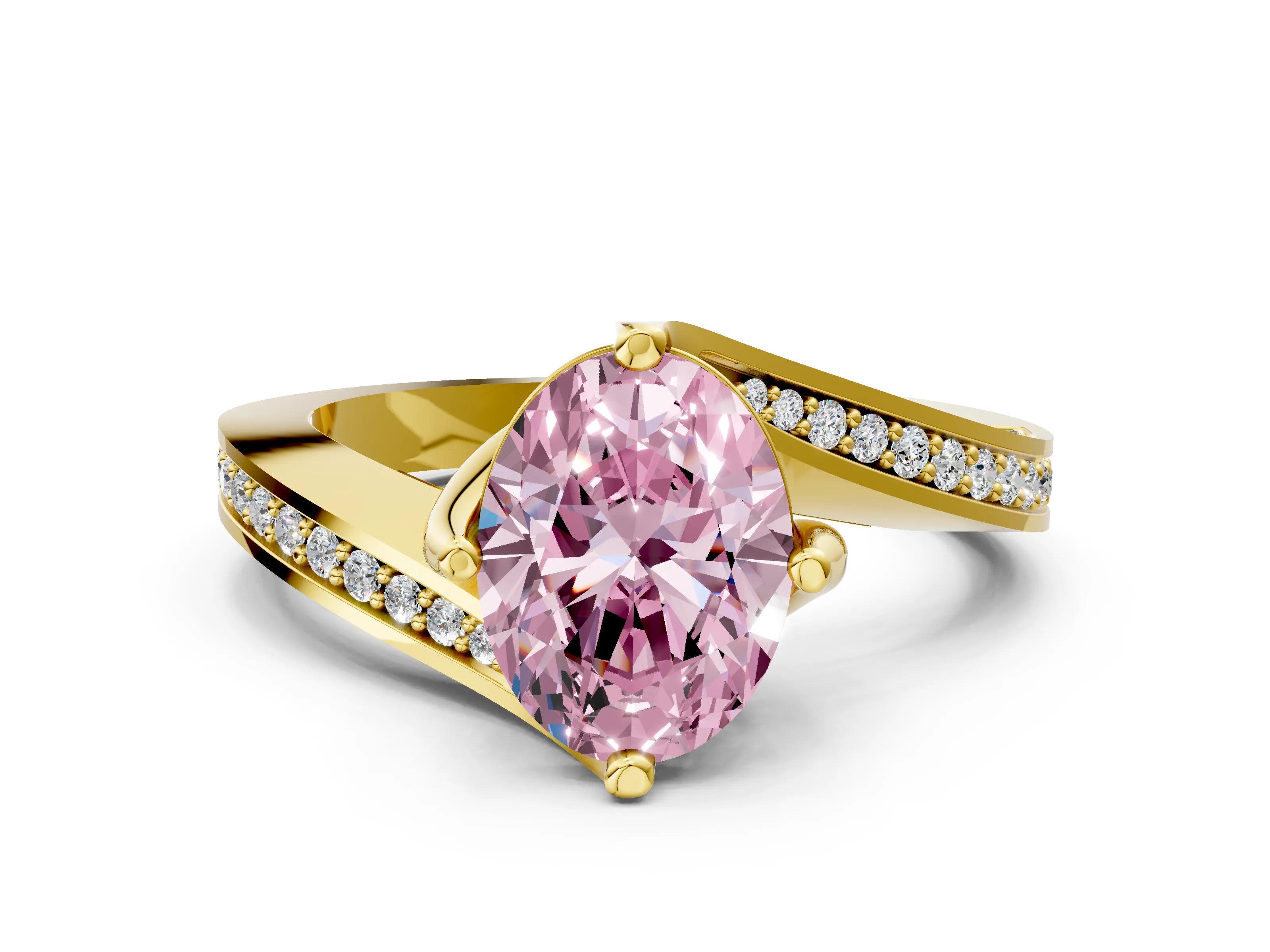 Yellow gold Fancy Pink Oval Cut Solitaire Diamond Twist Band with Pavé Setting and Four-Prong Setting