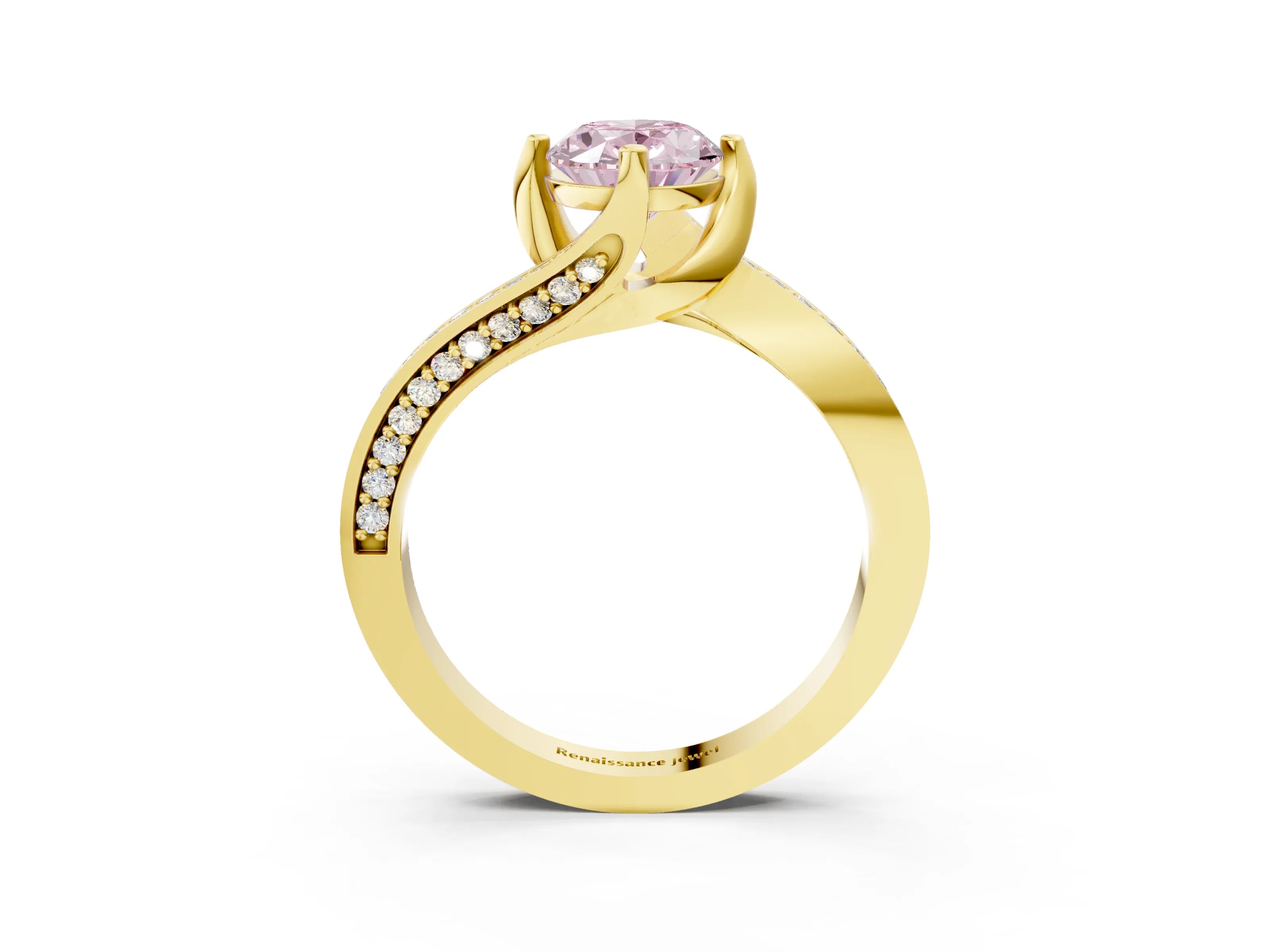 Yellow gold Fancy Pink Oval Cut Solitaire Diamond Twist Band with Pavé Setting and Four-Prong Setting_3