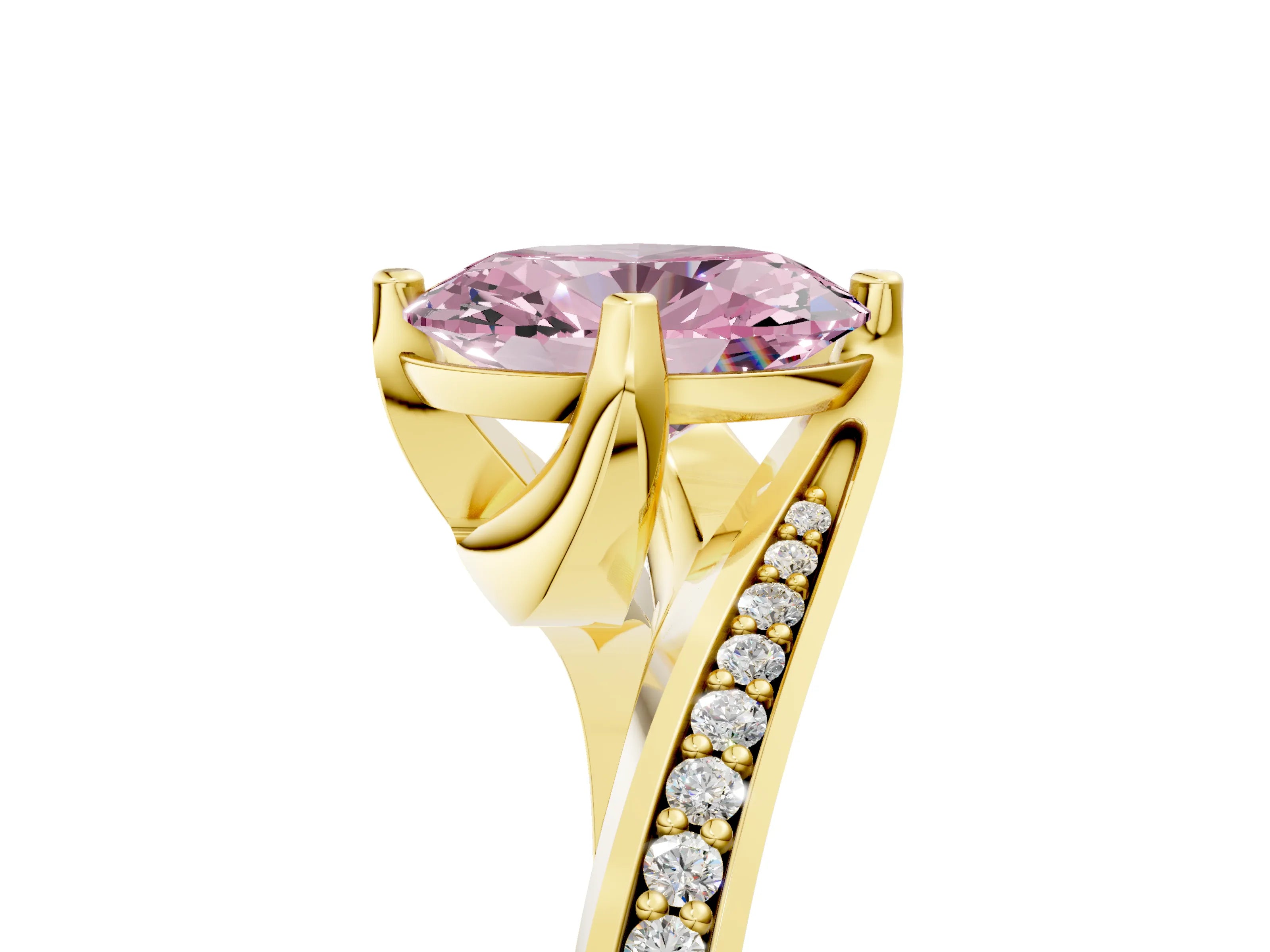 Yellow gold Fancy Pink Oval Cut Solitaire Diamond Twist Band with Pavé Setting and Four-Prong Setting_5